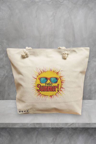 BEKZ Geanta de plaja, model Sun faces 4, 40x51 cm, Crem, BEKZ®