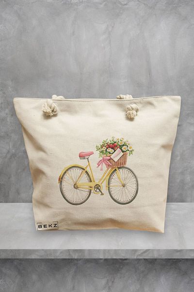 BEKZ Geanta de plaja, model Flowery Yellow Bike, 40x51 cm, Crem, BEKZ®