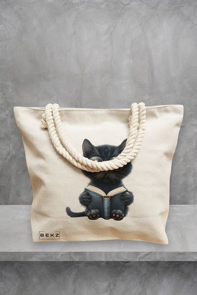 BEKZ Geanta de plaja, model Reading cat 8, 40x51 cm, Crem, BEKZ®