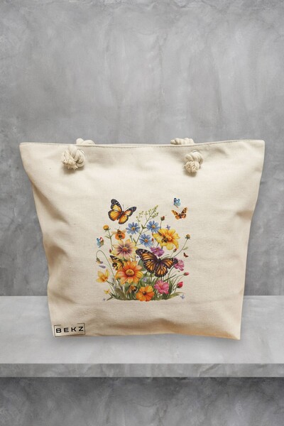 BEKZ Τσάντα θαλάσσης, μοντέλο Flowers 5, 40x51 εκ., Κρεμ, BEKZ®