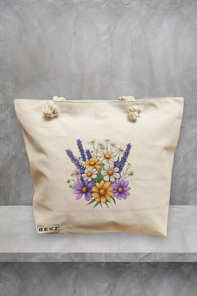 BEKZ Geanta de plaja, model Flowers 15, 40x51 cm, Crem, BEKZ®