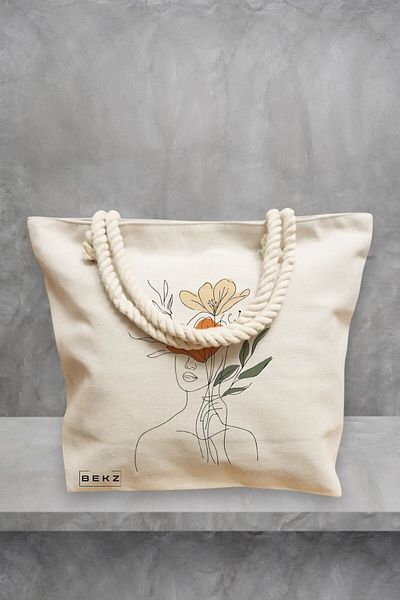 BEKZ Geanta de plaja, Flower Lady 3, 40x51 cm, Crem, BEKZ®