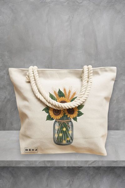 BEKZ Geanta de plaja, model Sunflowers 2, 40x51 cm, Crem, BEKZ®