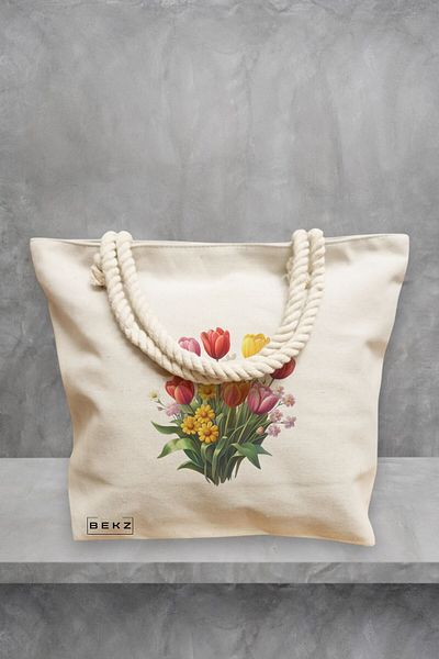 BEKZ Geanta de plaja, model Flowers 10, 40x51 cm, Crem, BEKZ®