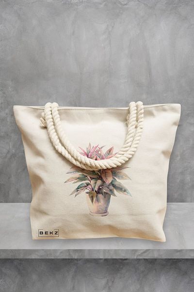 BEKZ Geanta de plaja, model Flowers 2, 40x51 cm, Crem, BEKZ®