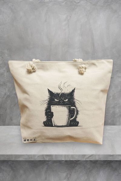 BEKZ Geanta de plaja, model Grumpy Coffee Cat, 40x51 cm, Crem, BEKZ®
