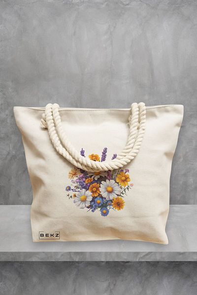 BEKZ Geanta de plaja, model Flowers 13, 40x51 cm, Crem, BEKZ®