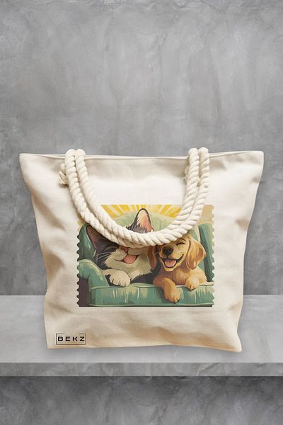BEKZ Geanta de plaja, model Best Friends Cat and Doggo, 40x51 cm, Crem, BEKZ®