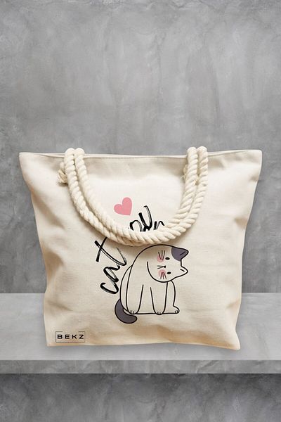 BEKZ Geanta de plaja, model Cat Lover, 40x51 cm, Crem, BEKZ®