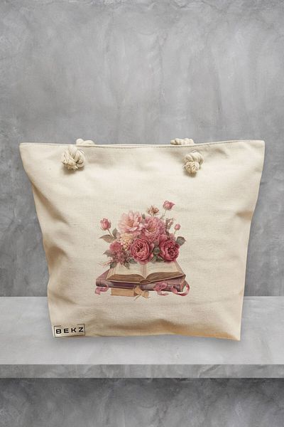 BEKZ Geanta de plaja, model Books and flowers, 40x51 cm, Crem, BEKZ®