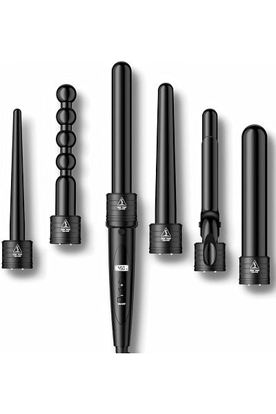 Generic Rock Pow 6 in 1 Curling Iron Curing Wand Set with Protective Glove Black