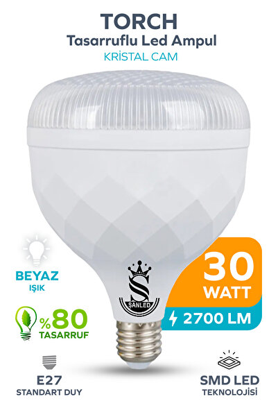 ŞANLED 30W KRİSTAL Tasarruflu E27 Beyaz Işık Torch Led Ampul-1-2-4-6-8-10 Adettir
