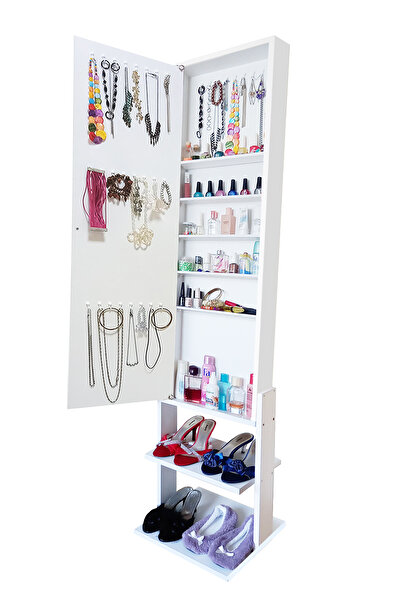First Mobilya Yıldız Demonte Raf Ayaklı Aynalı Takı Dolabı Hediyelik Çok Amaçlı Takı Dolabı Beyaz