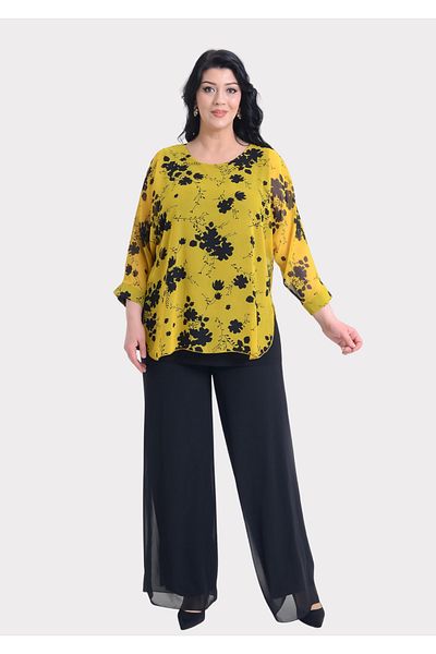 LİLAS XXL Plus Size Yellow Patterned Chiffon Blouse