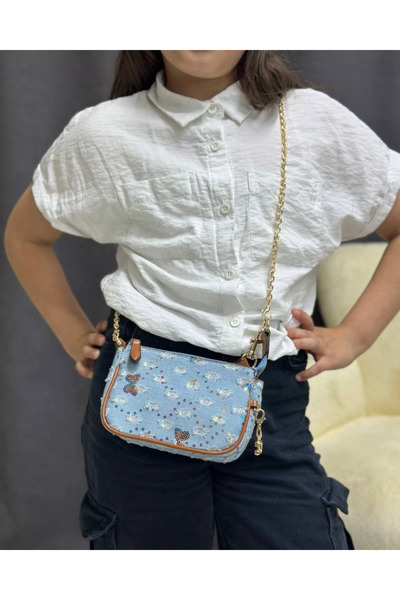 Nues Kadın Kot Kumaş Pullu Zincir Askılı Baget Çanta