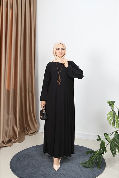 NİSUM MODA Pleated Sandy Dress with Necklace
