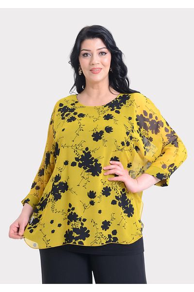 LİLAS XXL Plus Size Yellow Patterned Chiffon Blouse