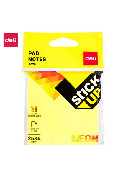 Deli Ultra Bright Neon Pad Sticky Notes Multicolor 3 x 3inch