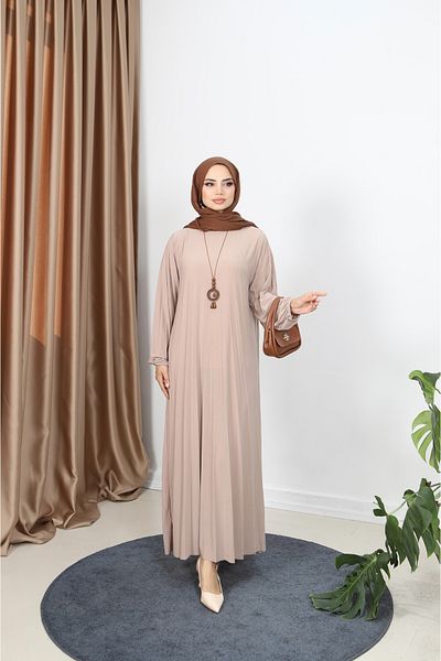 NİSUM MODA Pleated Sandy Dress with Necklace