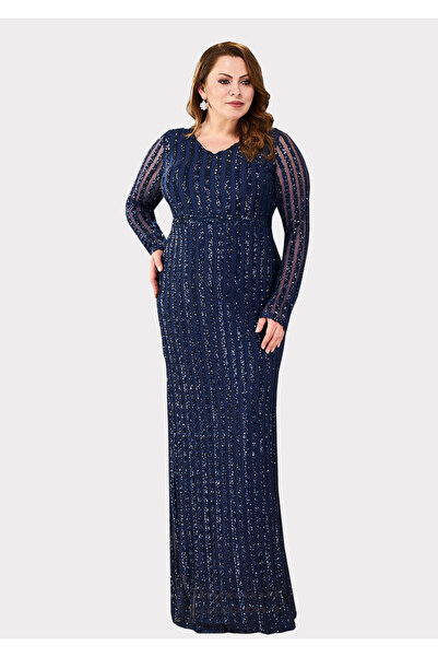 LİLAS XXL Büyük Beden Lacivert Renkli Payetli Likralı Uzun Abiye