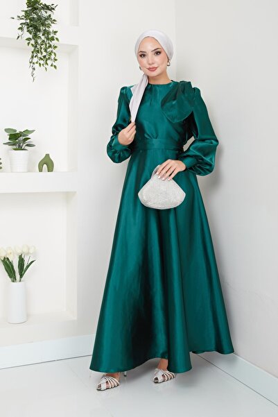 Ayşe Melek فستان سهرة طويل مزين بفيونكة من الساتان - ملابس نسائية 2745