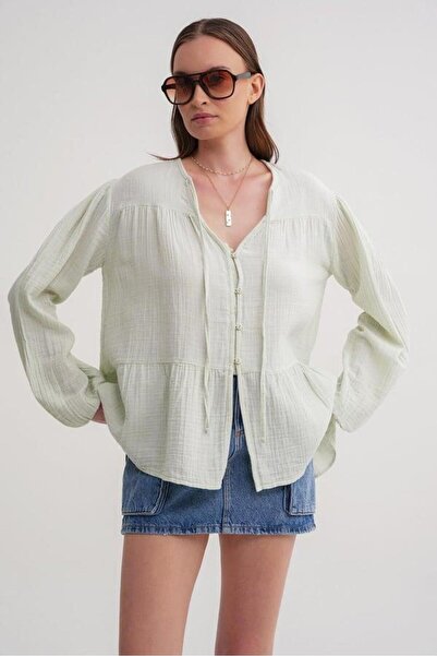 Mixray 4563 Women's Loose Muslin Shirt with Tie Collar and Elastic Sleeves Sage