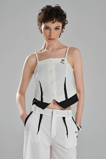 tw3 Γυναικείο Crop Bustier με Μεταλλικά Αξεσουάρ και Σχέδιο με Ποπλίνα