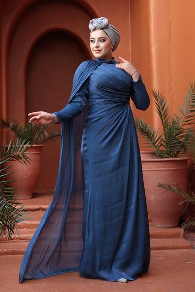 N.S NEVA STYLE Βραδινό φόρεμα Hijab Navy Blue με λεπτομέρεια κάπας 5296L