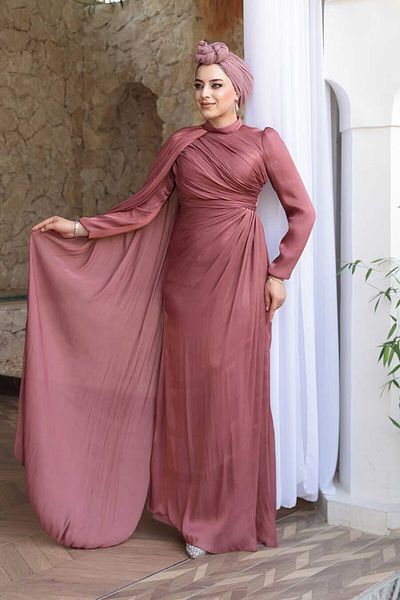 N.S NEVA STYLE Βραδινό φόρεμα Hijab με μανδύα με λεπτομέρεια Dark Dusty Rose 5296KGK