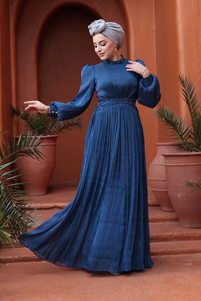N.S NEVA STYLE Βραδινό φόρεμα με χάντρες Navy Blue Hijab 52751L