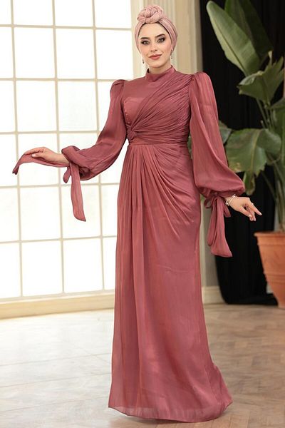 N.S NEVA STYLE - Βραδινό φόρεμα Hijab Dusty Rose με λεπτομέρεια ντραπέ 52285GK