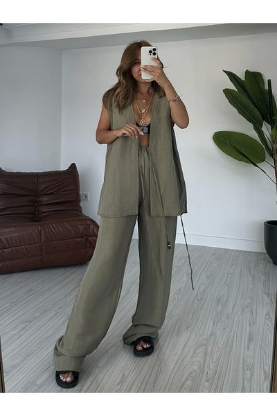 KÜBRA SÖYLEMEZ BOUTİQUE Linen Khaki Vest Set
