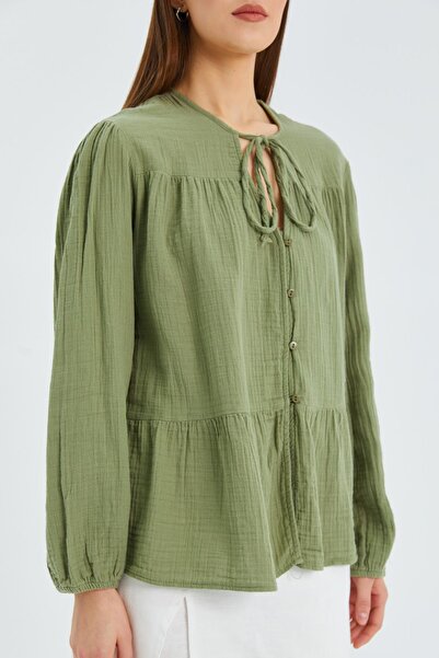 Mixray 4563 Women's Loose Muslin Shirt with Tie Collar and Elastic Sleeves