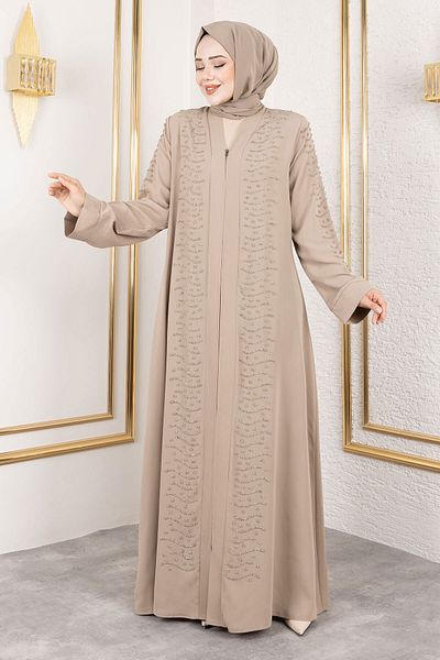 Tesettür Dünyası Wave Stone Λεπτομερής Abaya TSD250166 Μπεζ