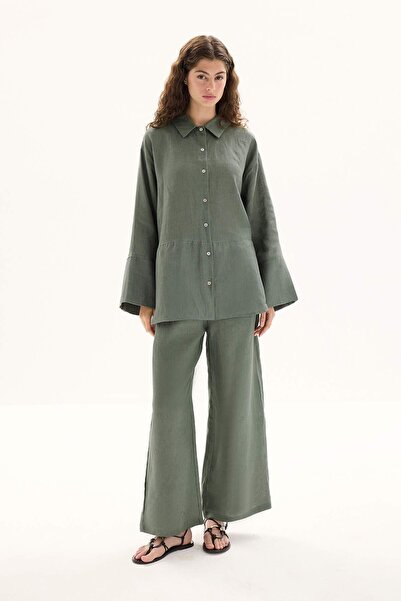 Hooopstore 100% Linen Cut Detailed Flowing Sage Shirt