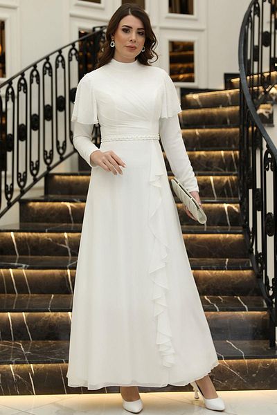 Modaviki Ecru Noble Evening Dress with Pearl Detail, Model No: Elb46