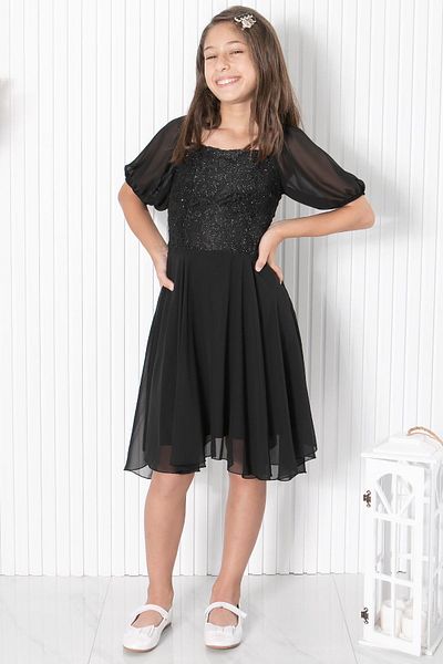 Modaviki Balloon Sleeve Detailed Chiffon Evening Dress Black Mdv332