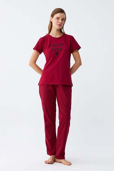 modaserdem Mdsrdm Women's Burgundy Heart Pattern Short Sleeve Combed Cotton Pajamas Set
