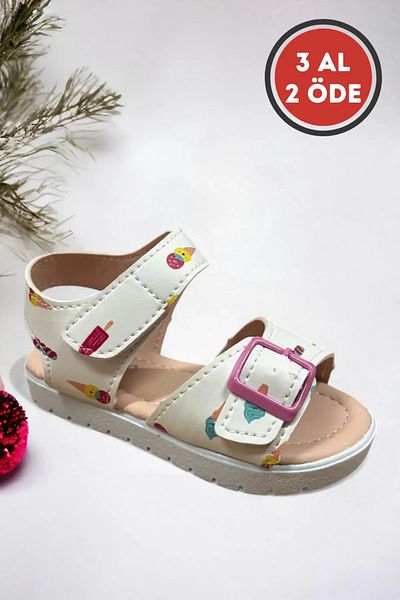 Ponchiq White Ice Cream Patterned Velcro Girls' Sandals