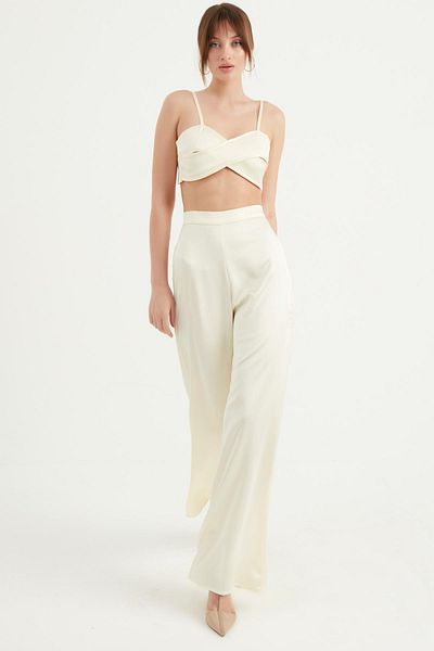 Fahima Wide Leg Satin Trousers Off White 3015
