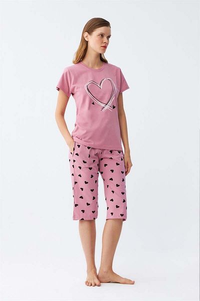 modaserdem Mdsrdm Women's Pink Heart Printed Capri Pajamas Set
