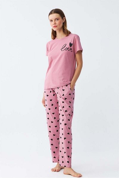 modaserdem Mdsrdm Women's Salmon Heart Pattern Short Sleeve Combed Cotton Pajamas Set