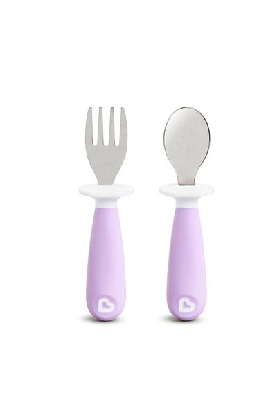 Munchkin Splash Blocking Children's Fork & Spoon Set, 12 months 2 Pieces Purple Spoon & Fork Included