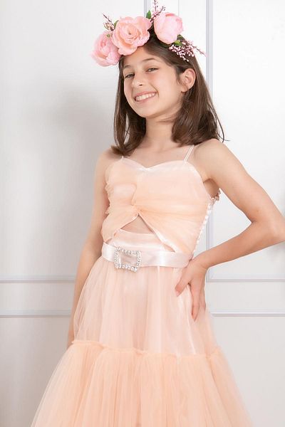 Modaviki Stone Detailed Tulle Evening Dress Salmon Mdv316