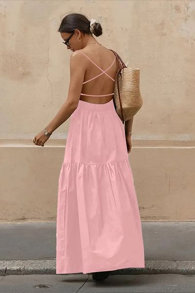 GIA - ART Women's Pink Poplin Fabric Strap Summer Long Dress Maxi Size