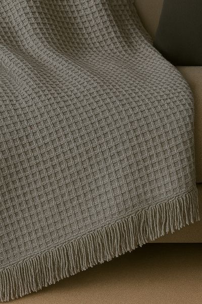 Rell Home Cotton Textured Ecru Sofa Shawl 170X220 cm – Fringed Tv Blanket & Decorative Sofa Cover