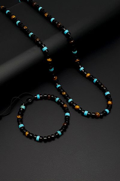 Seven Art Jewelry Doğaş Stone Set, Turquoise, Agate and Tiger's Eye Necklace & Bracelet Set
