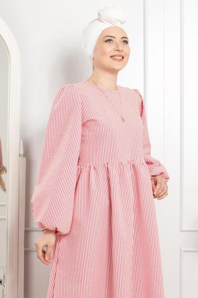 Modaviki Balloon Sleeve Striped Dress Red Eth01