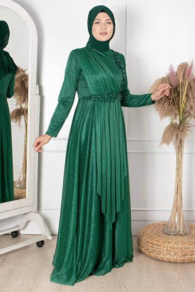 Fahima Βραδινό φόρεμα με λεπτομέρεια από γκιπούρ, ασημί, σμαραγδί FHM862