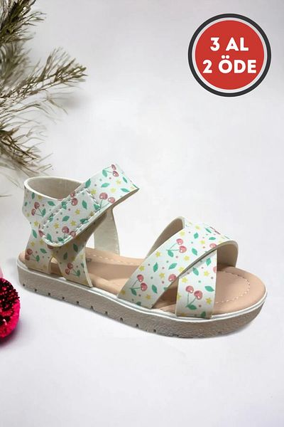Ponchiq White Cherry Patterned Velcro Girls' Sandals